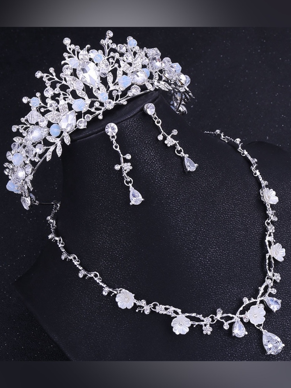 Silver Crystal Bridal Tiara and Earrings Set - White